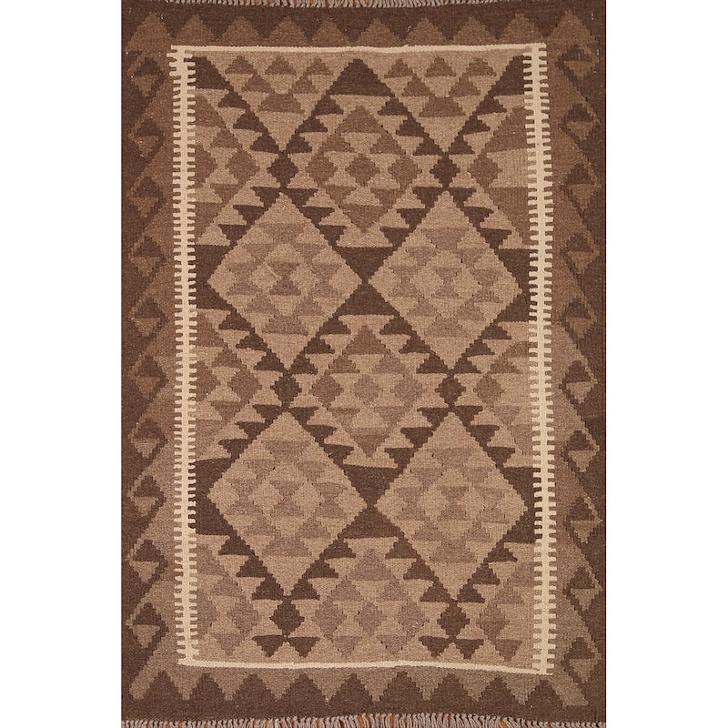 Brown Reversible Kilim Area Rug Hand-woven Wool Carpet - 3'2" x 4'9"