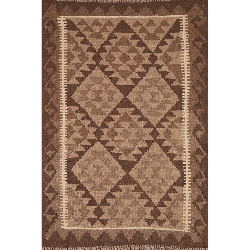 Brown Reversible Kilim Area Rug Hand-woven Wool Carpet - 3'2" x 4'9"