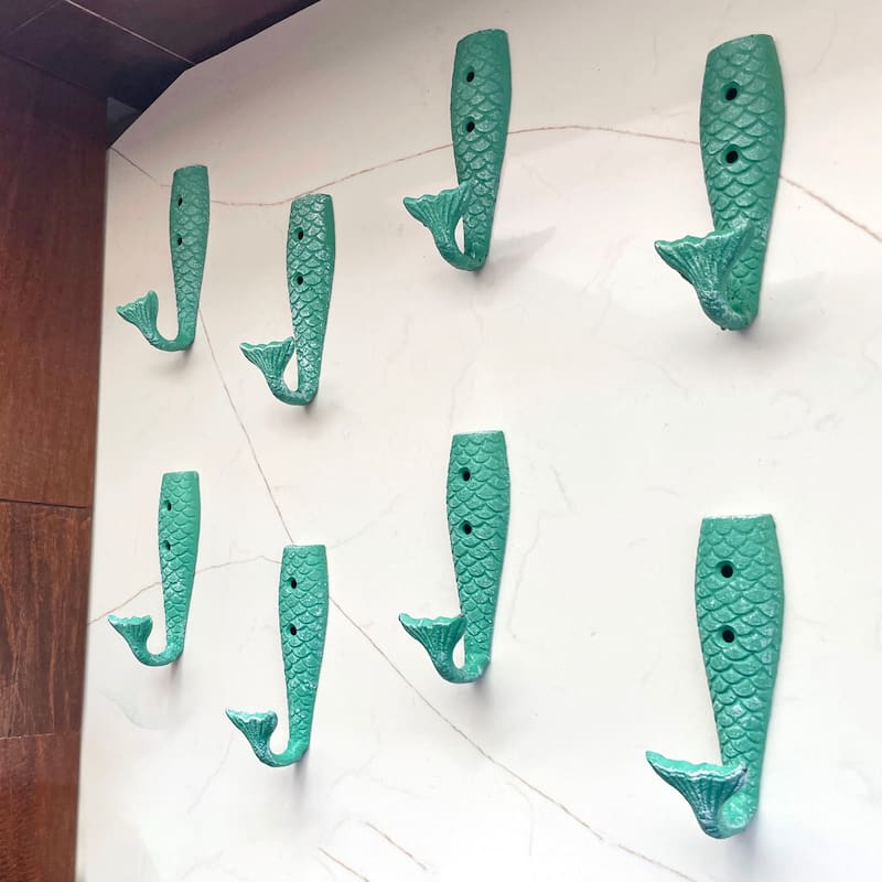Set Of 8 Cast Iron Mermaid Tail Wall Hooks Green Nautical Coastal - 5 X 1.5 X 1.5 inches