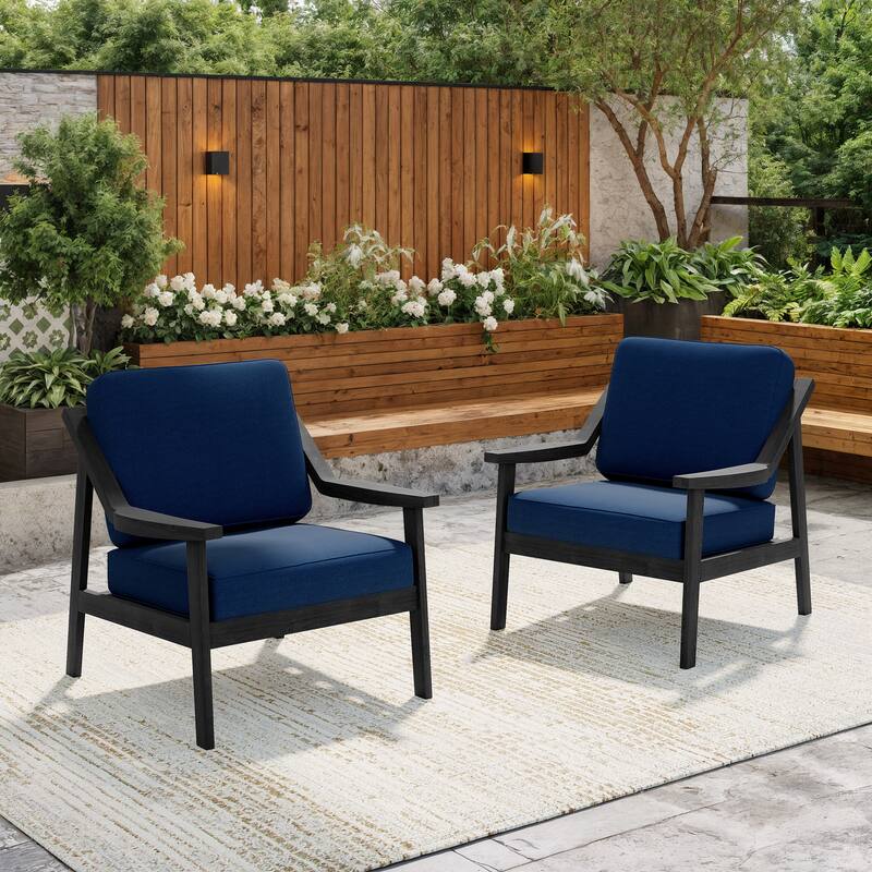 Solid Wood Outdoor Arm Chair Loveseat with Cushion - Black/Navy - 2 Club chairs