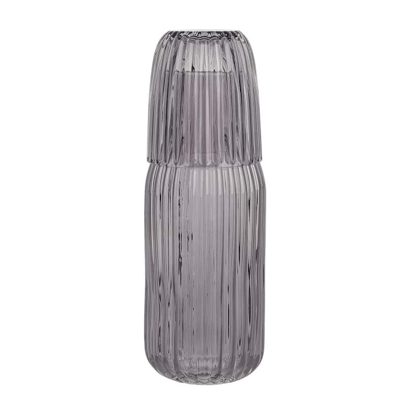 Elle Decor Ribbed Bedside Water Carafe with Tumbler Set - 39-Ounce - Smoke Grey