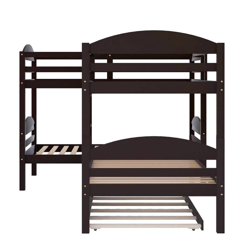 L-shaped Bunk Bed with Trundle for 5, Twin Over Twin Wooden Bed with Safety Guardrails, Space-Saving Design for Kids and Guests