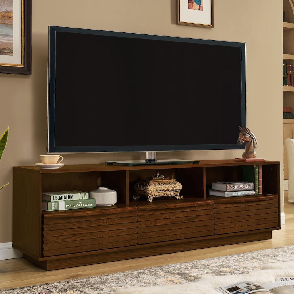 63" Mid-Century Modern TV Stand for TVs up to 75", Entertainment Center with 3 Solid Wood Drawers & Outlet Holes, Open Storage