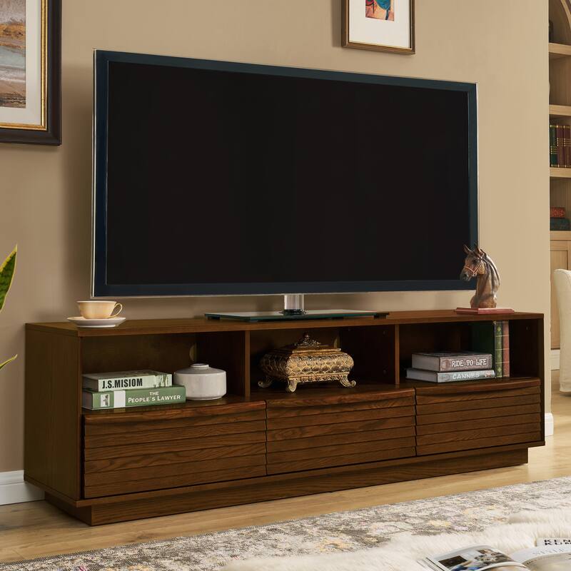 63" TV Stand for TVs up to 75", Thick Sturdy Entertainment Cabinet, Media Console, Solid Wood Drawers & Outlet Holes - Walnut Brown