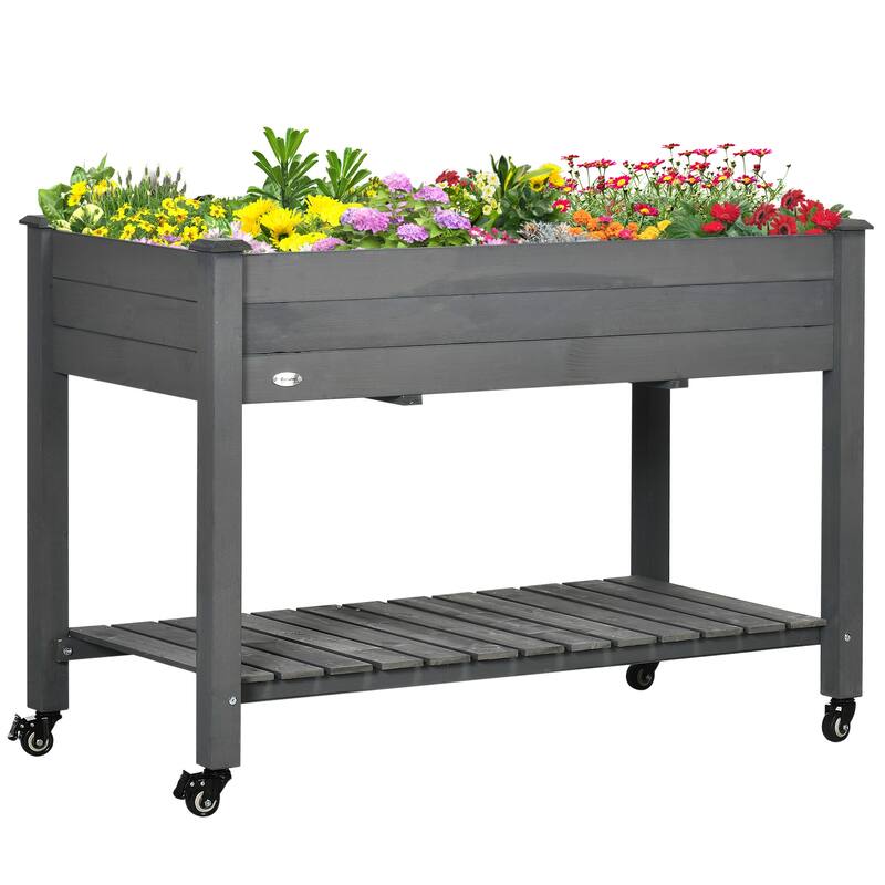 Outsunny 47" x 21" Raised Garden Bed Elevated Wooden Planter Box w/ Lockable Wheels, Storage Shelf and Bed Liner for Backyard
