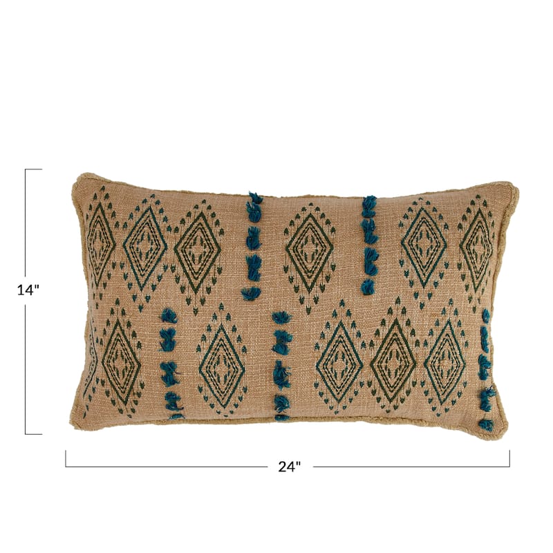 Cotton Lumbar Pillow with Tufted Embroidered Design and Fringe - 24.0"L x 14.0"W x 2.0"H