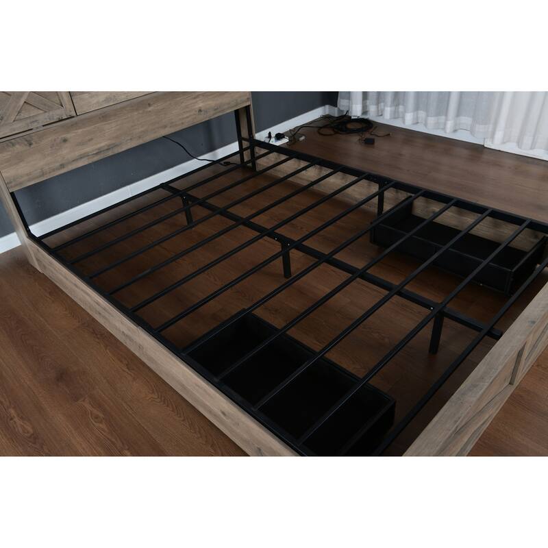 GDFStudio - Junie Rustic Wooden Bed Frame with LED Lights, Built-in Charging Station, 2 Underbed Drawers & No Box Spring Needed