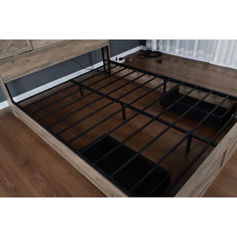 King/Queen Farmhouse Bed Frame with LED Lights, Charging Station & Barn Door Storage