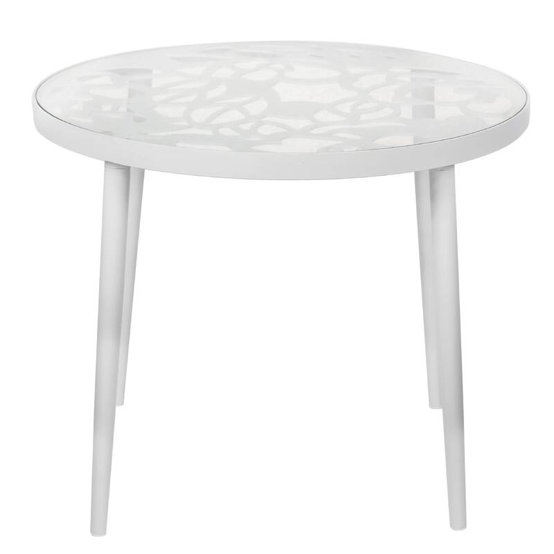 Devon Decorative Modern Floral Cutout Glass Top Patio Coffee Side Table with Aluminum Frame for Indoor Outdoor - 23 x 23 - White
