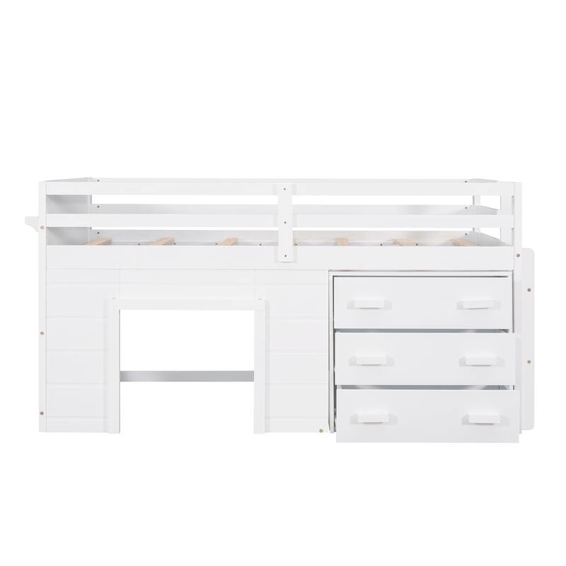Compact Twin Loft Bed with Cabinet, Shelf, and Storage Drawers in White, Gray, or Espresso