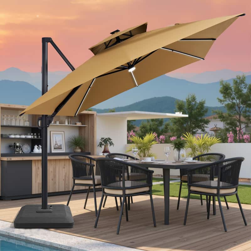 4 piece patio set with umbrella Aoxun Patio Furniture Set 7-Piece with Umbrella / Fire Pit, 7 pcs + Fire Pit / Black-Yellow