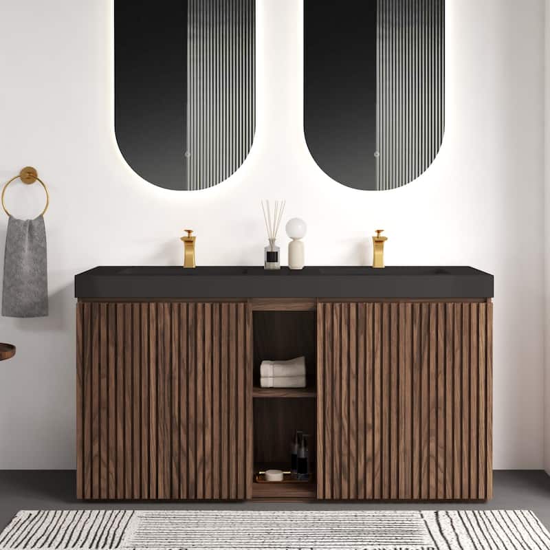 GDFStudio - Galan 60" Freestanding Bathroom Vanity with Quartz Sink, Solf Close Doors, Open Storage Shelf, NO Drain & Faucet - Walnut Brown+Black