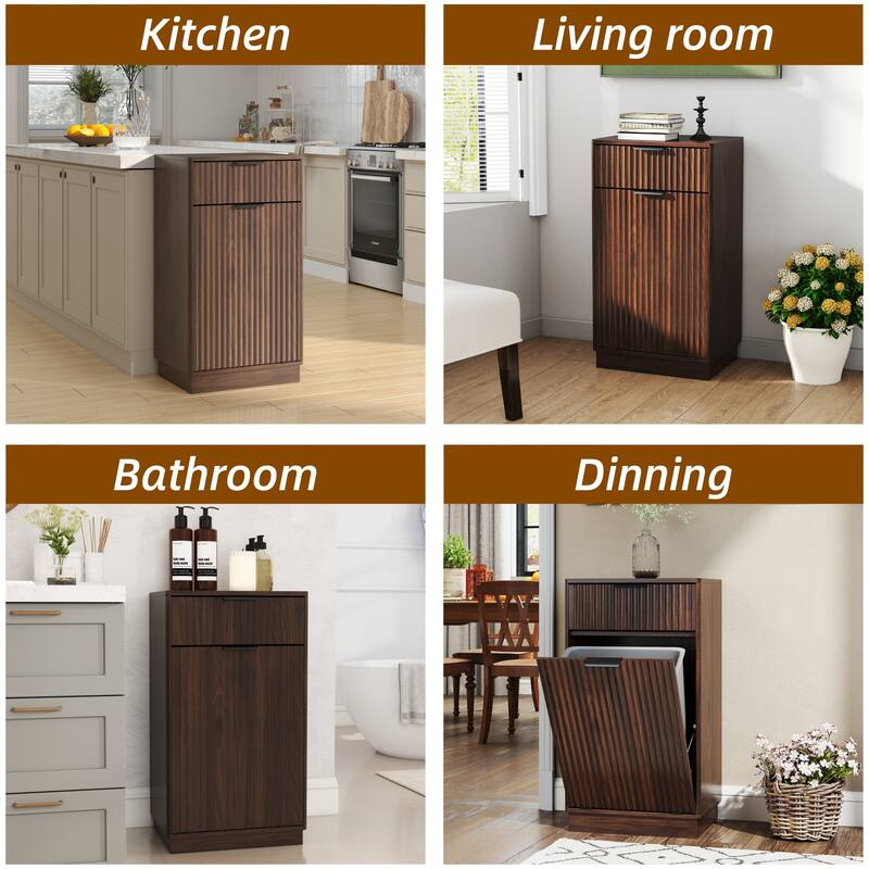 10-Gallon Woodgrain Tilt-Out Trash Can Cabinet with Wave-Textured Drawer & Pull-Out Bin - Multipurpose Kitchen/Bath Organizer