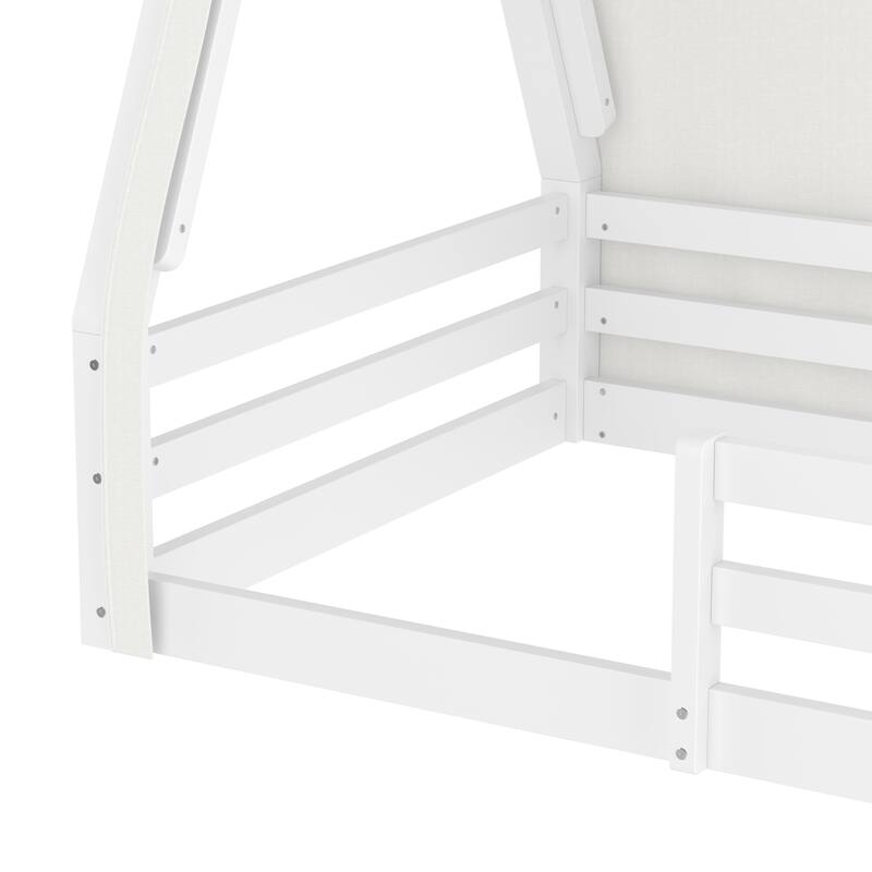 Teepee Montessori Bed for Toddlers, House-shaped Platform Bed Kids Playful Floor Bed with Tent, Sunroof and Light Strip