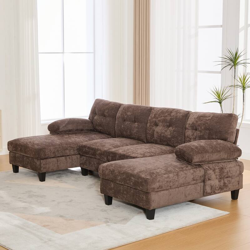 U-Shaped Modular Sectional Sofa with Dual Chaise Lounges, Chenille Fabric Cloud Couch with Storage Pockets & Armrest Pillows