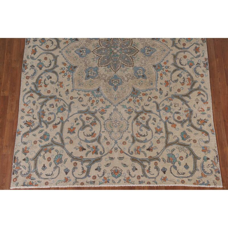 Hand Knotted Oriental 100% Wool Carpet Traditional Floral Beige & Ivories Tabriz Area Rug - 10' 1'' X 6' 10''