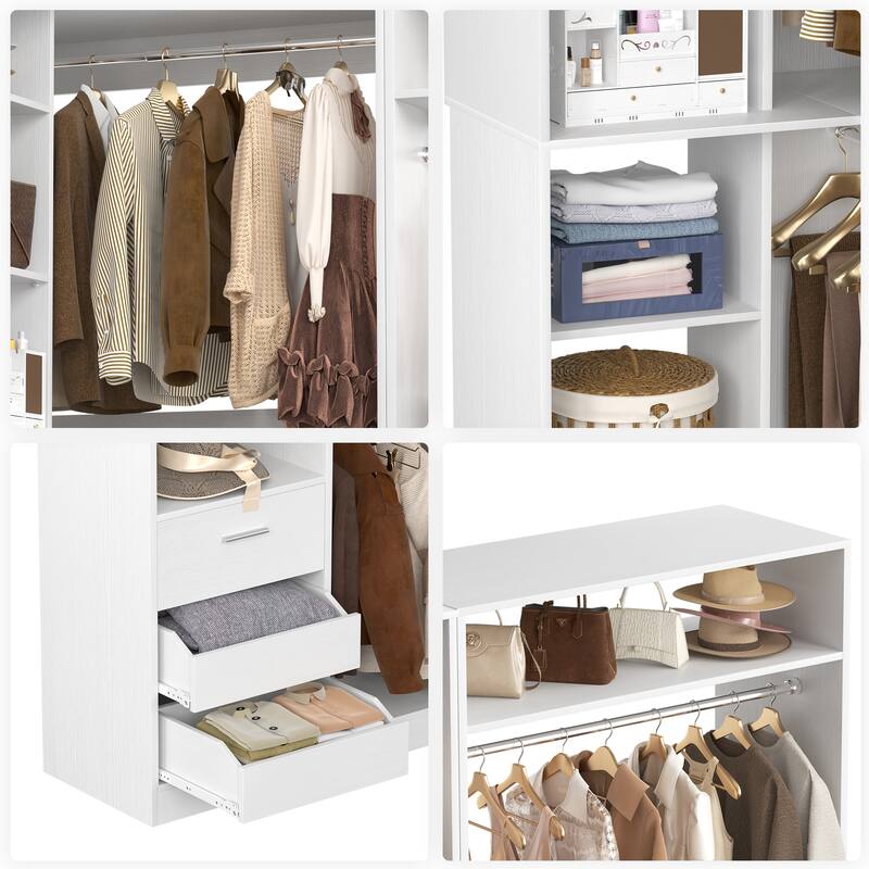 Qvella Set of 2 Corner Closet System, 72'' Wide Walk-in Closet Organizer with Drawers and Hanging Rods and Storage Shelves