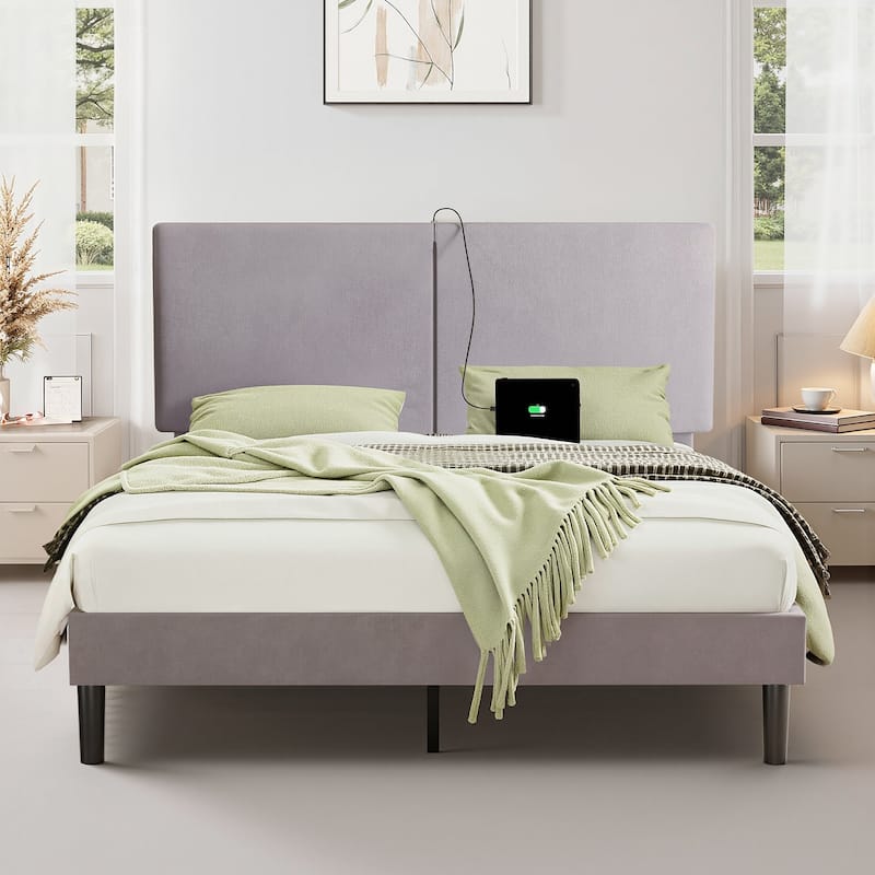 VECELO Adjustable Upholstered Split Headboard Bed Frame with Charging Station USB Port Type C No Box Spring Needed Noiseless Bed