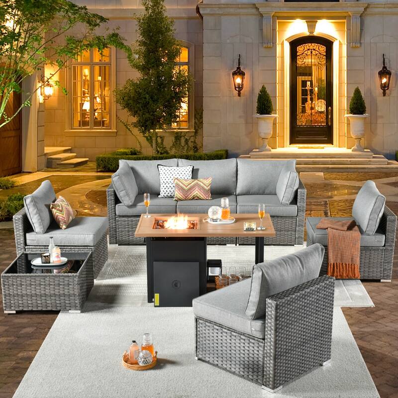 XIZZI 8-piece Outdoor Furniture Patio Wicker Sofa Set with Fire Pit - Dark Grey