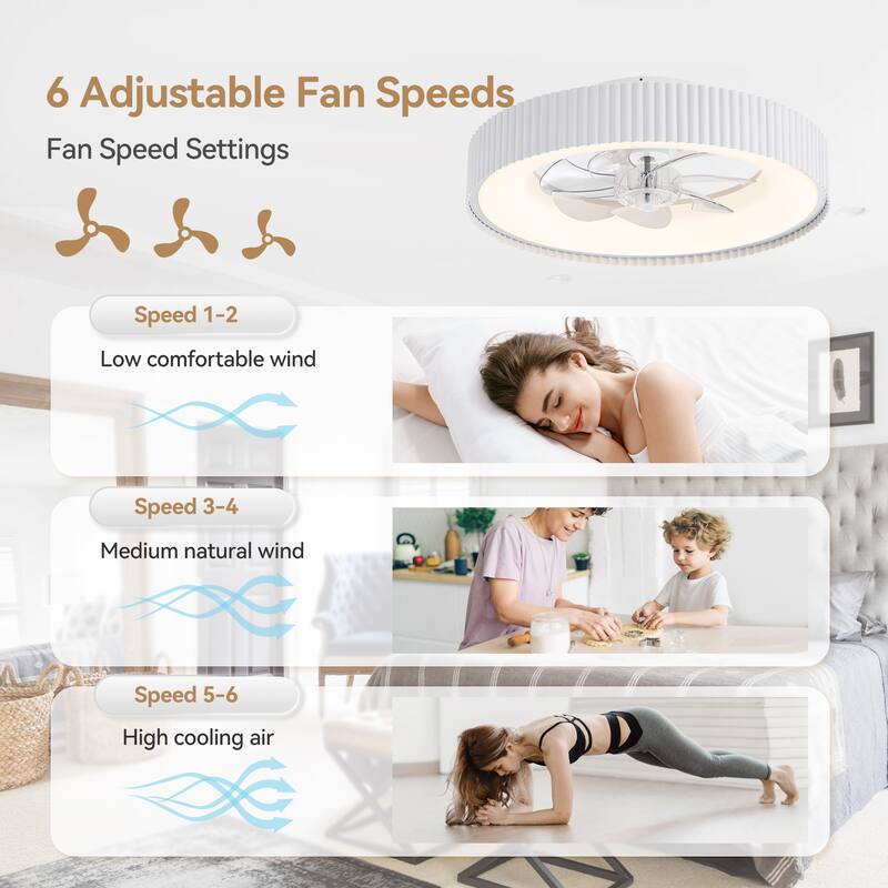 19.3" White Flush Mount 7-Blade Ceiling Fan with Remote and Dimmable LED Light, Stepless Color Temperature
