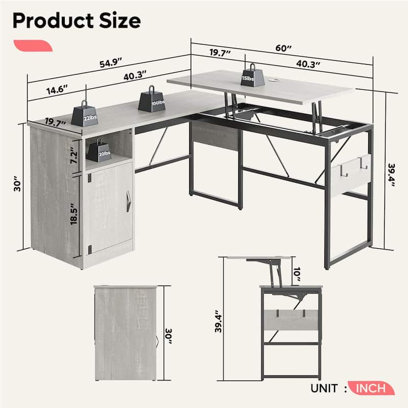 Versatile 60" L Shaped Standing Desk with Lift Top & Storage Cabinet, Corner Desk Extending to 95’’ with Hooks