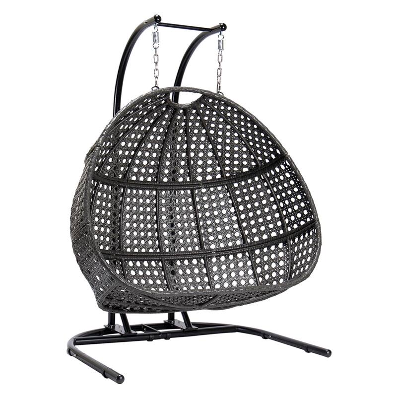 Charcoal Wicker Hanging Double-Seat Swing Chair with Stand with Cushion
