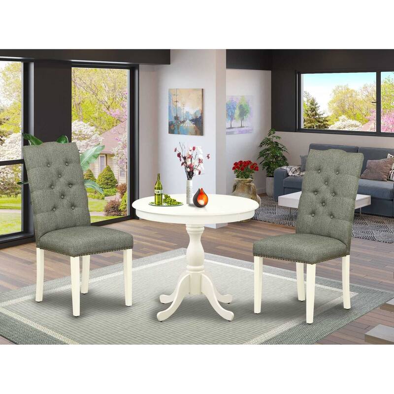 3-Piece Linen White Finish Solid Wood Top - Round Button Tufted Dining Room Set - Seats 4