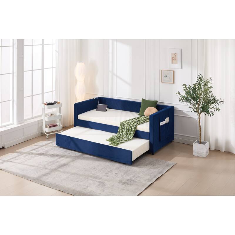 Twin Size Velvet Daybed with Trundle, USB Charging Port & Side Pockets, Modern Upholstered Sofa Bed with V-Pattern Backrest