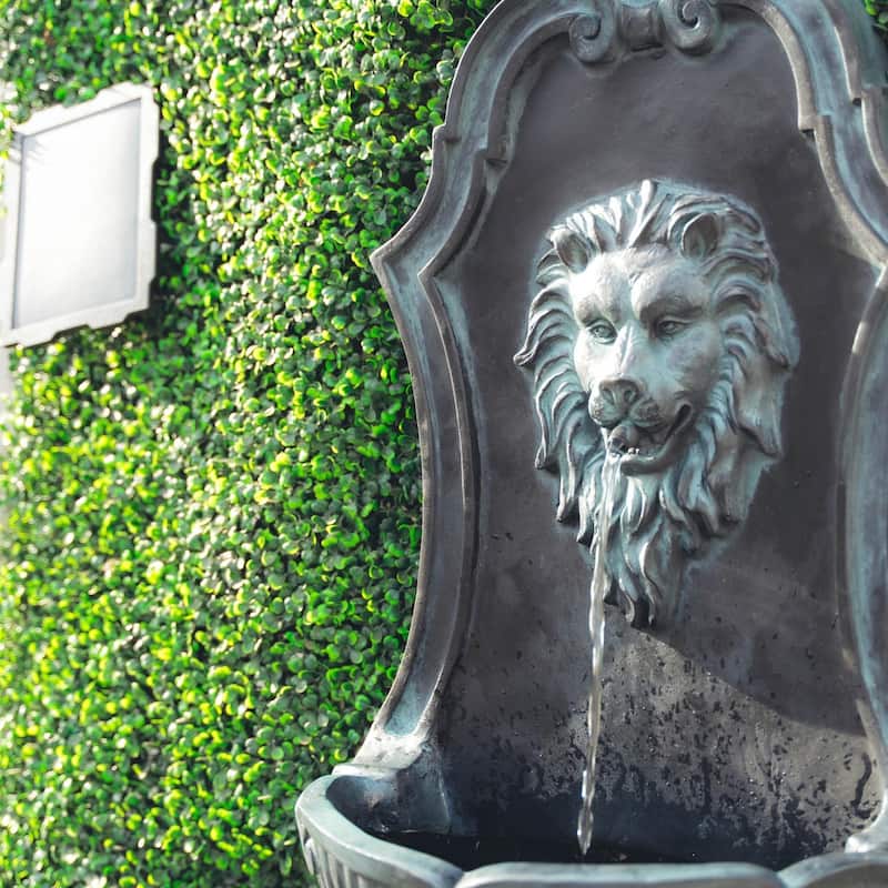 XBrand 30" Solar-Powered Wall-Mounted Lion Head Fountain, Resin, Outdoor, Gray