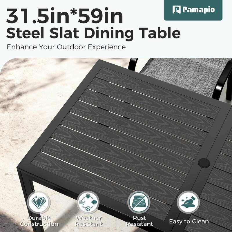 6-Person Patio Dining Set, Textilene Stackable Chairs and Rectangular Table with Umbrella Hole