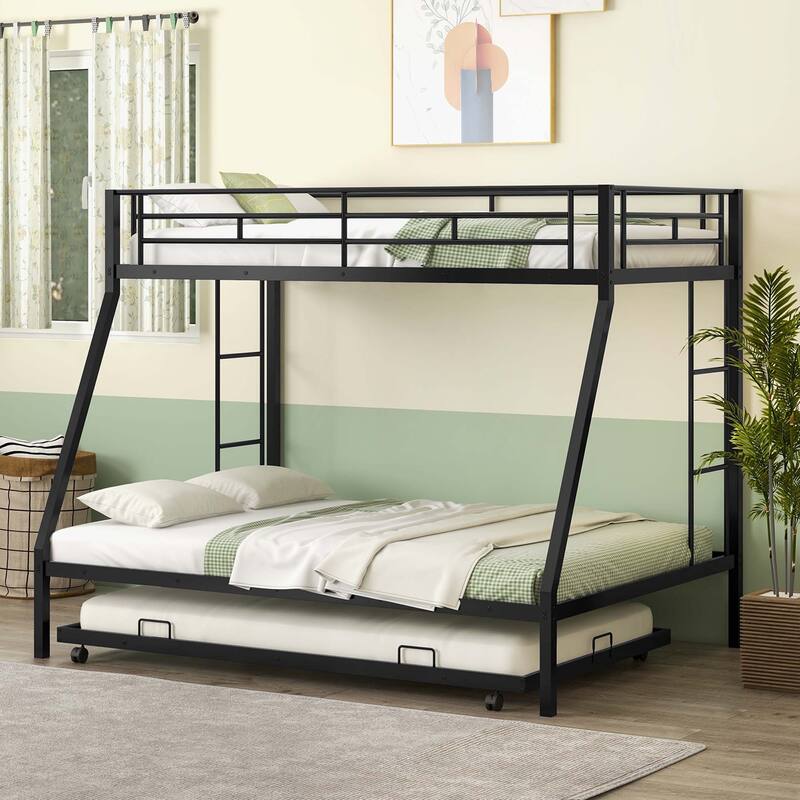 Costway Twin Over Full Metal Slats Bunk Bed Frame with Trundle, Guard
