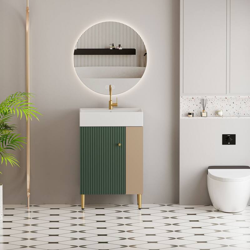 Compact White Bathroom Vanity with Ceramic Sink, Soft-Closing Cabinet, and Brushed Copper Accents for Small Spaces