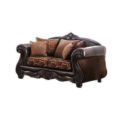 Chenille Love Seat with Intricate Wood Trim Design in Brown