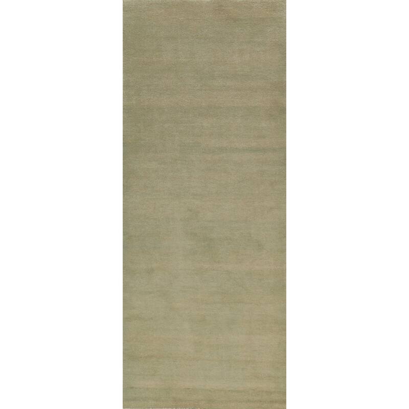 Hand Knotted Oriental 100% Wool Carpet Modern Solid Green Gabbeh Runner Rug - 9' 10'' X 3' 2''