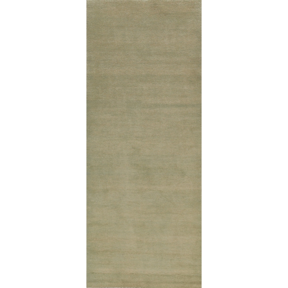 Hand Knotted Oriental 100% Wool Carpet Modern Solid Green Gabbeh Runner Rug - 9' 10'' X 3' 2''