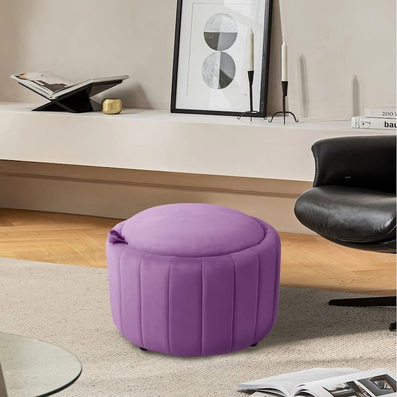 29" Modern Velvet Round Storage Ottoman - Purple