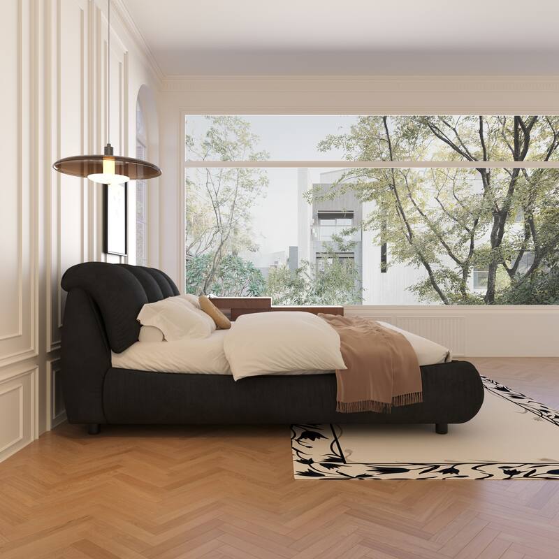 King Size Luxury Upholstered Platform Bed with Oversized Padded Backrest and Solid Wood Frame