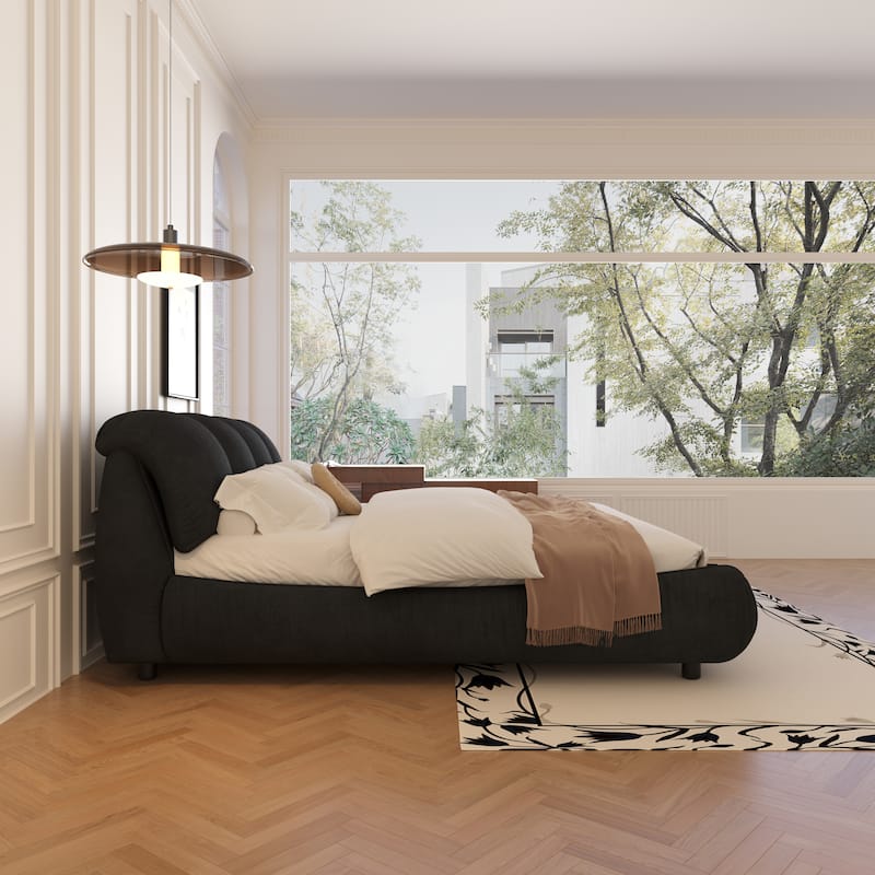 Queen Size Beige Luxury Upholstered Platform Bed w/ Oversized Padded Backrest & Solid Wood Frame for Bedroom, Apartment
