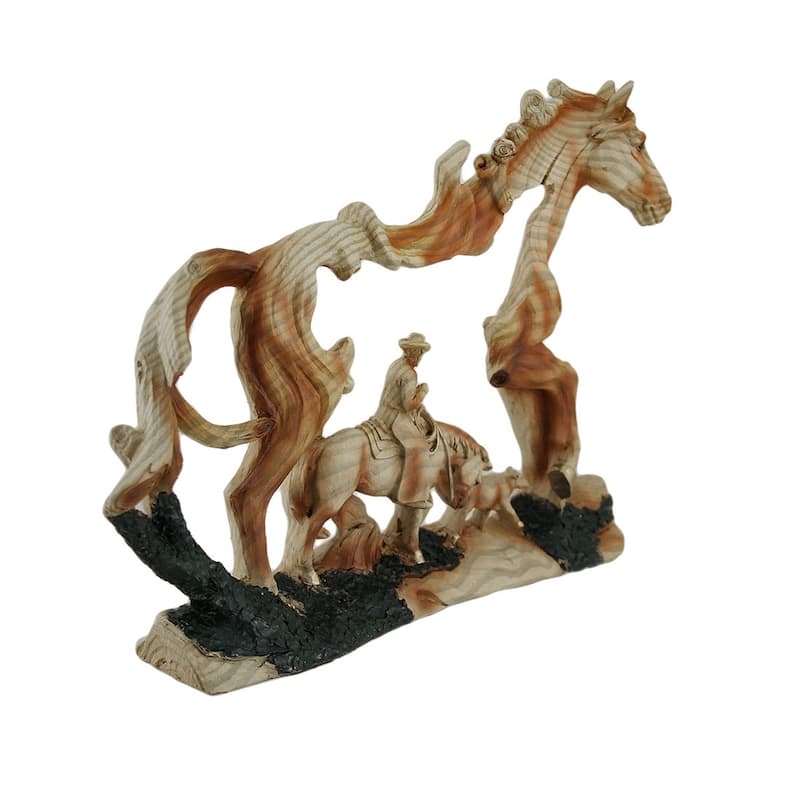 Horse And Cowboy Faux Wood Carving Resin Statue 11.5 Inches Long - 8.5 X 11.5 X 2 inches