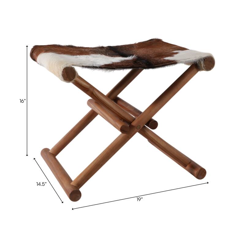 Foldable Backless Cowhide Storage Stool with Solid Wood Frame