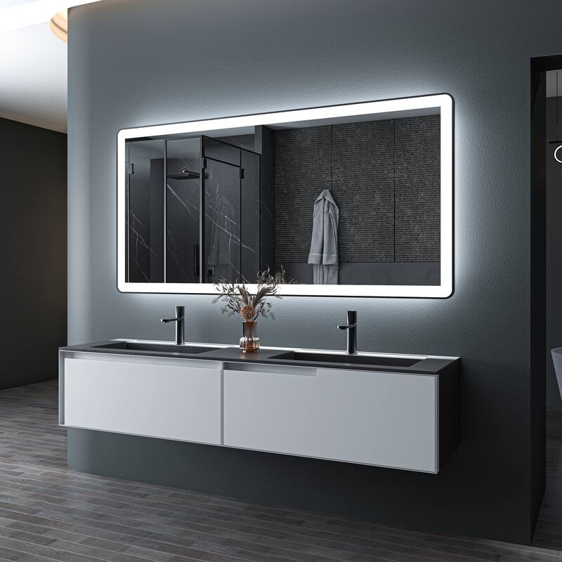 TOOLKISS Black Frame Anti-Fog Dimmable LED Light Vanity Bathroom Mirror with Backlit and Front Light