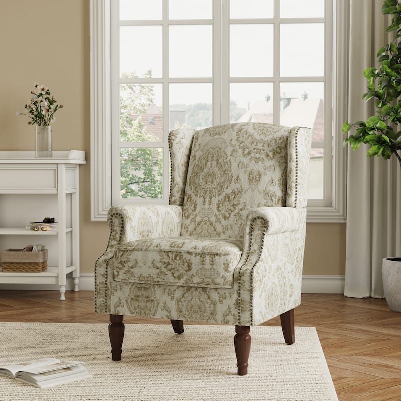 Traditional Floral Patterned Wingback Armchair with Nailhead Trim
