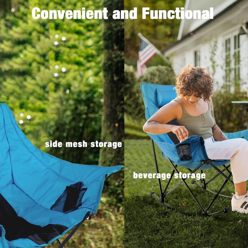 BOSSIN Heavy-Duty Oversized Rocking Camp Chair, Portable Folding w/Cup Holder, Cooler & Pocket for Camping, Beach, Backyard