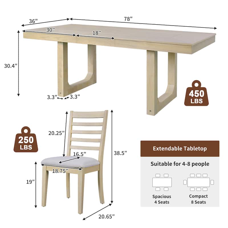 7 Piece Extendable Dining Table Set,Extendable Table with 18" Move Leaf,78" Wooden Kitchen Table and 6 piece Upholstered Chairs