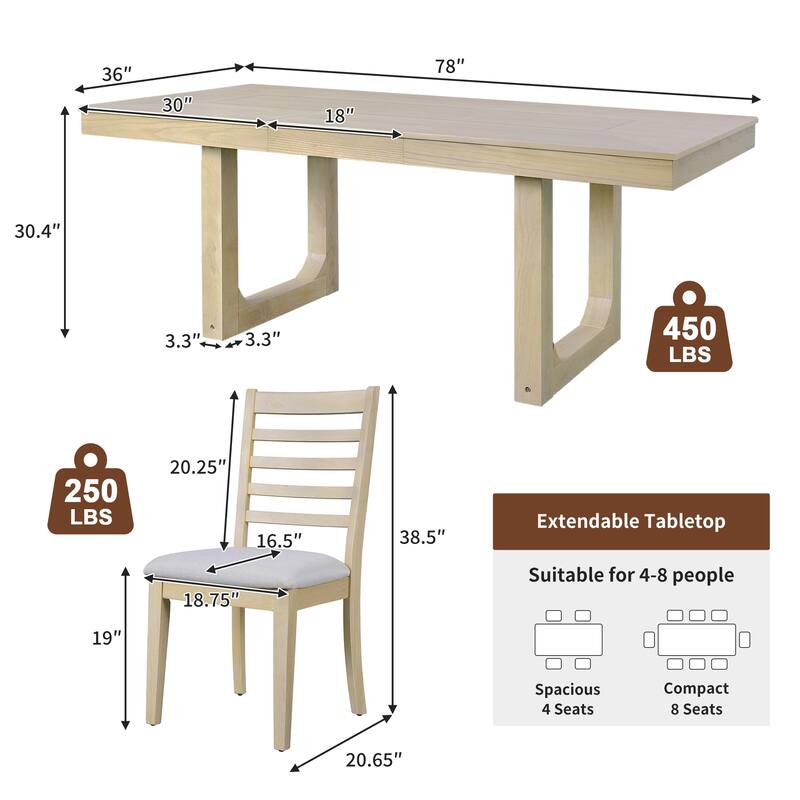 Kitchen Table Chairs Set for 7, Extendable Dining Table Set with Wooden Rectangular Kitchen Table & 6 Upholstered Chairs