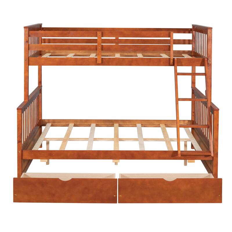 Twin-Over-Full Bunk Bed with Ladders and Two Storage Drawers in Walnut