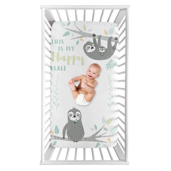 slide 2 of 2, Blue Jungle Sloth Leaf Collection Boy or Girl Photo Op Fitted Crib Sheet - Turquoise Grey Green Tropical Botanical Rainforest