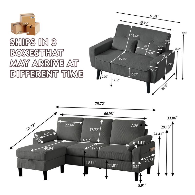 3-Piece Living Room Sectional Sofa Set with Loveseat and Ottoman