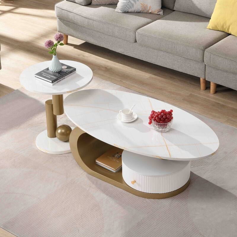 Nesting Coffee Table Set of 2, Round & Oval End Tables with faux marble Tabletop, Side Table