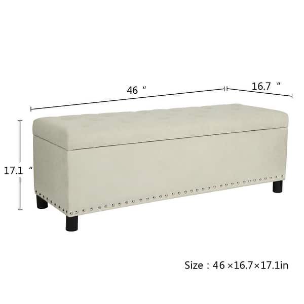 dimension image slide 1 of 2, Adeco Deluxe Beige Linen Storage Ottoman Bench with Nailhead Trim